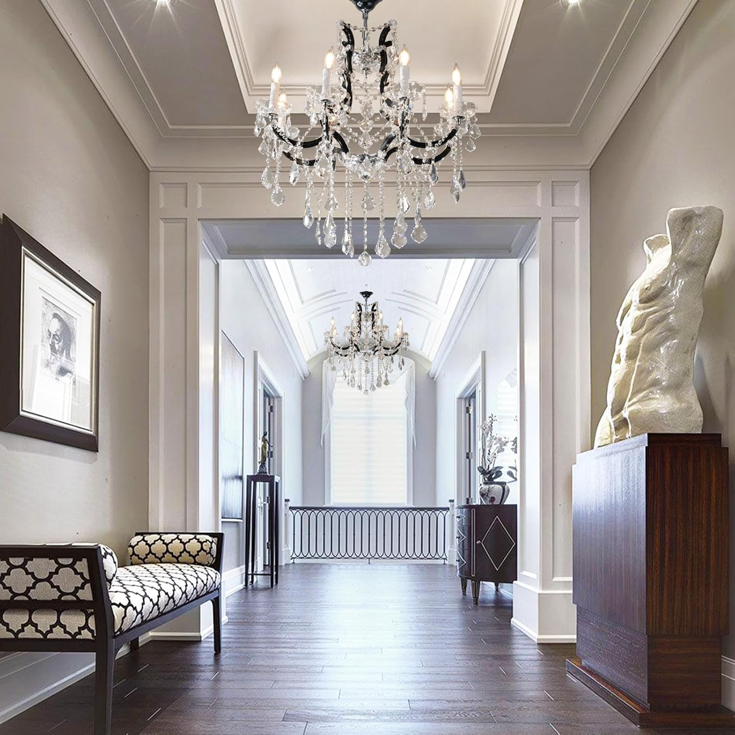 Modern Crystal Chandelier Black Candle Light Fixture for Staircase Entryway