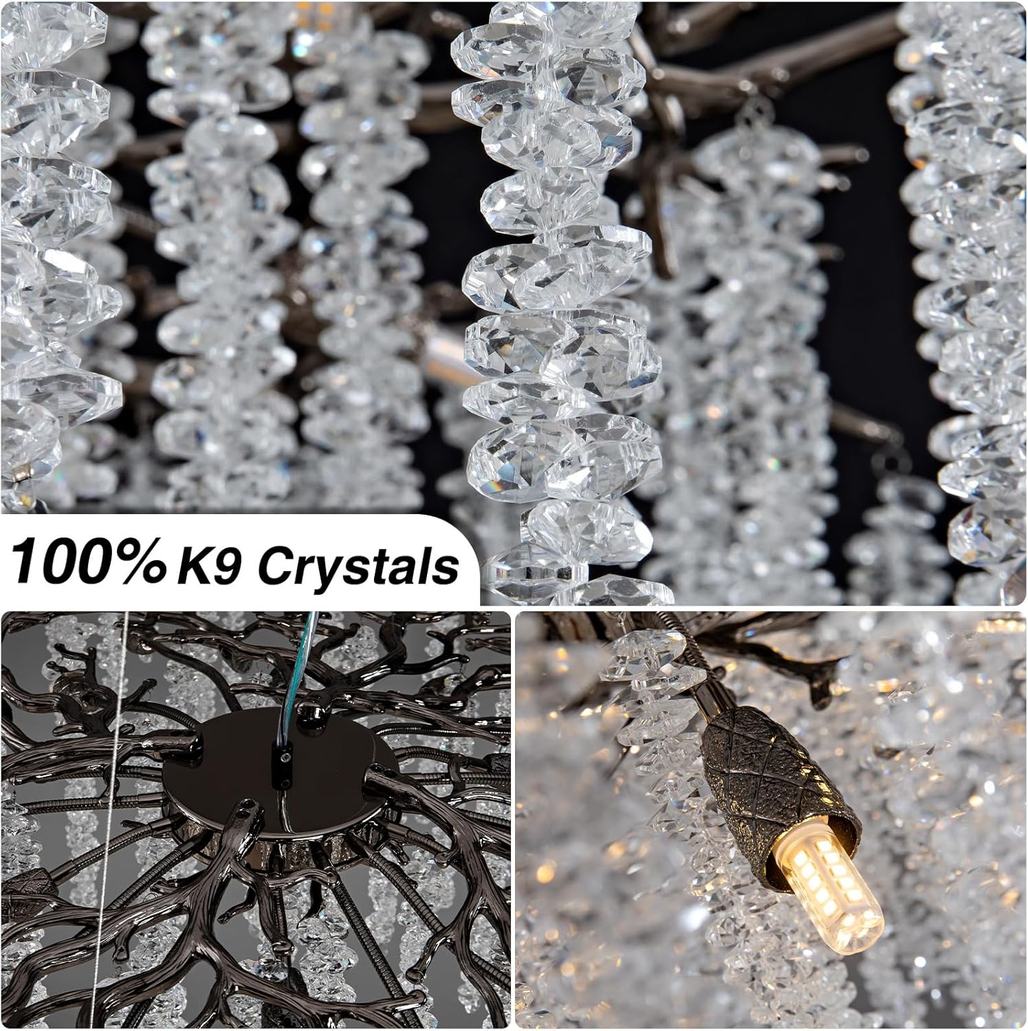 Modern Crystal Chandelier for Dining Room, Black Luxury Round Tree Branches Design