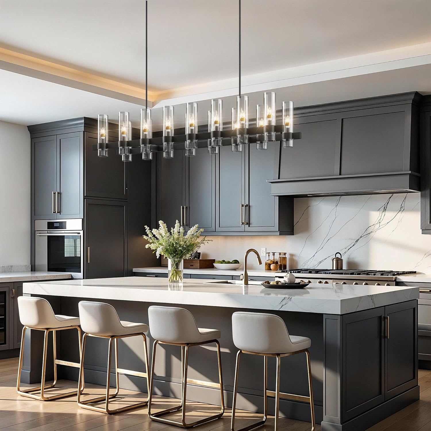 Modern Farmhouse 16-Light Adjustable Linear Chandelier for Kitchen Island & Dining