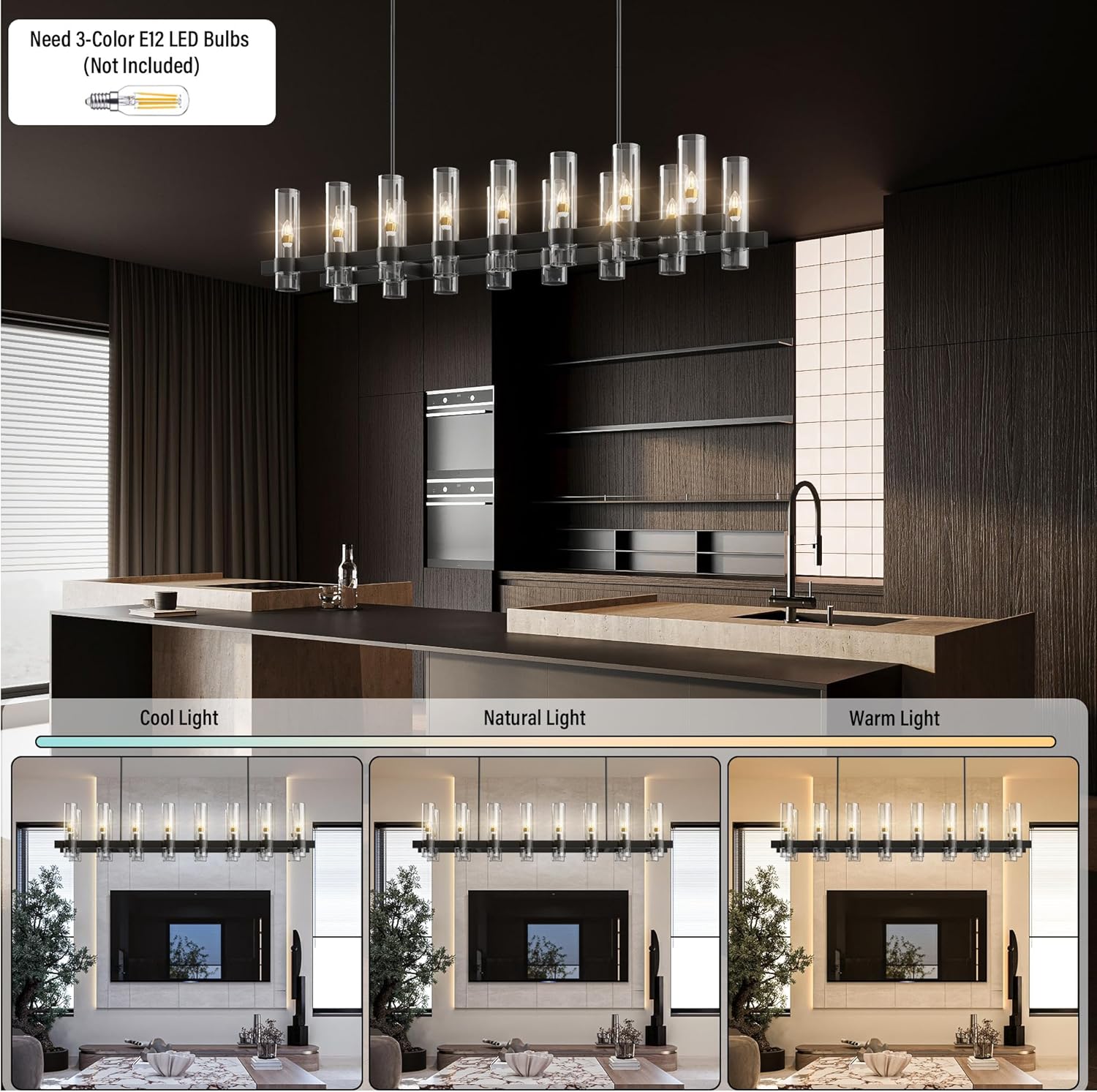 Modern Farmhouse 16-Light Adjustable Linear Chandelier for Kitchen Island & Dining