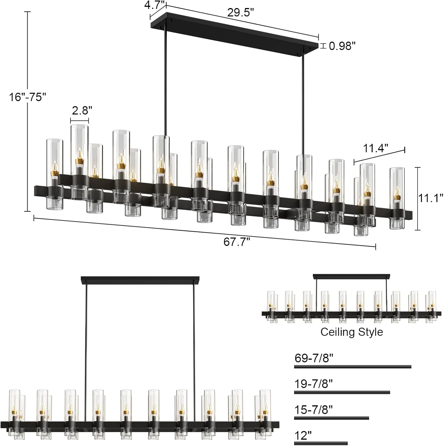 Modern Farmhouse 20-Light Linear Chandelier: Adjustable Black Kitchen Island Lighting