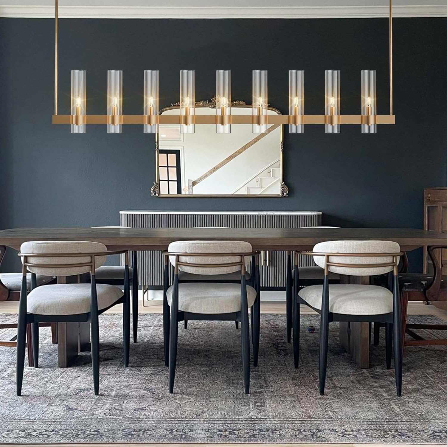 Modern Farmhouse 9-Light Brass Kitchen Island Chandelier with Adjustable Linear Design