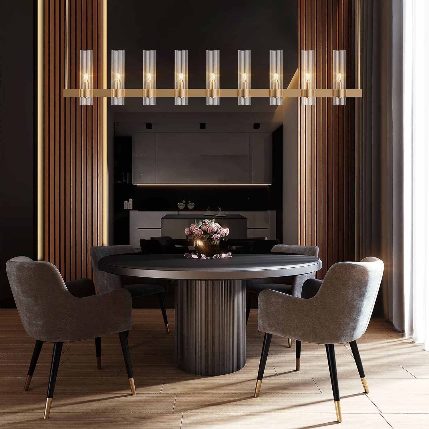 Modern Farmhouse 9-Light Brass Kitchen Island Chandelier with Adjustable Linear Design