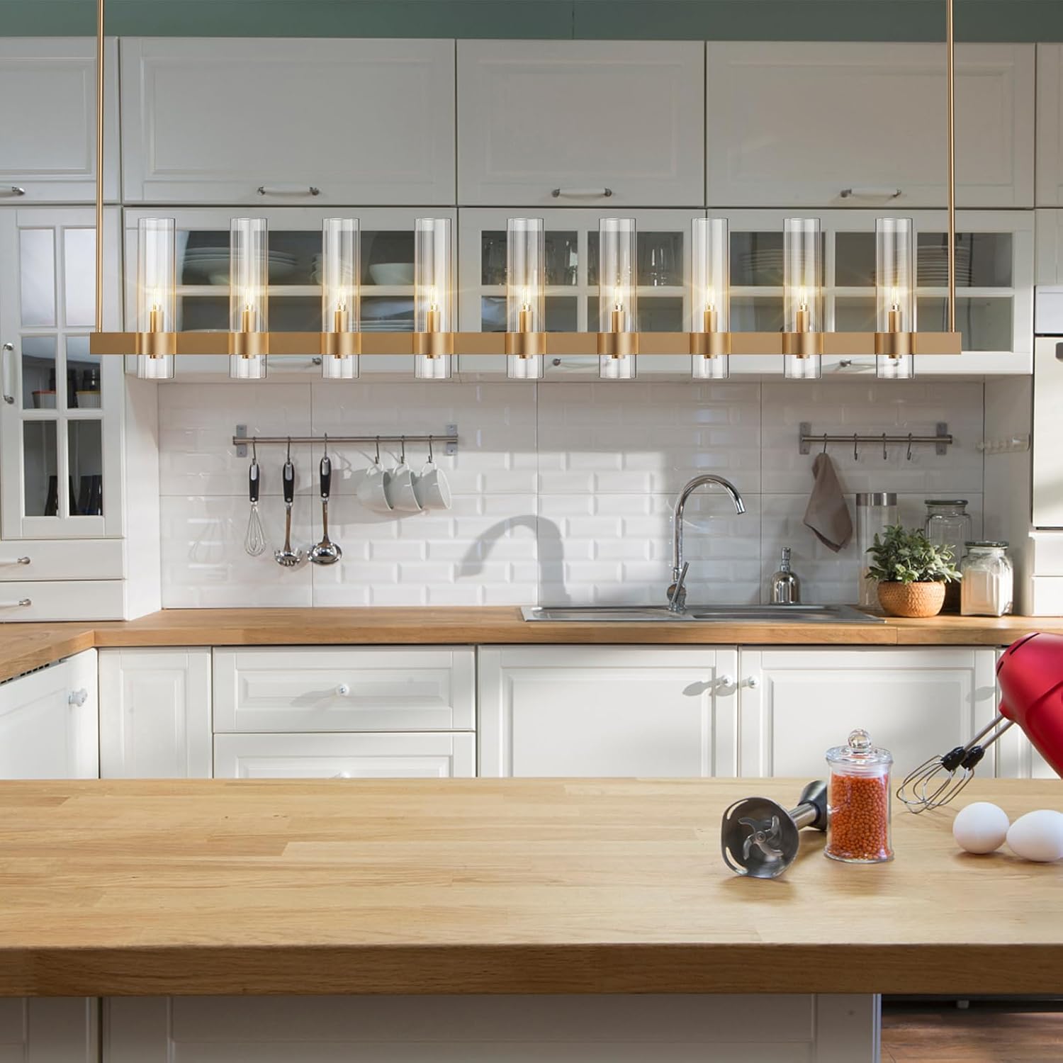 Modern Farmhouse 9-Light Brass Kitchen Island Chandelier with Adjustable Linear Design