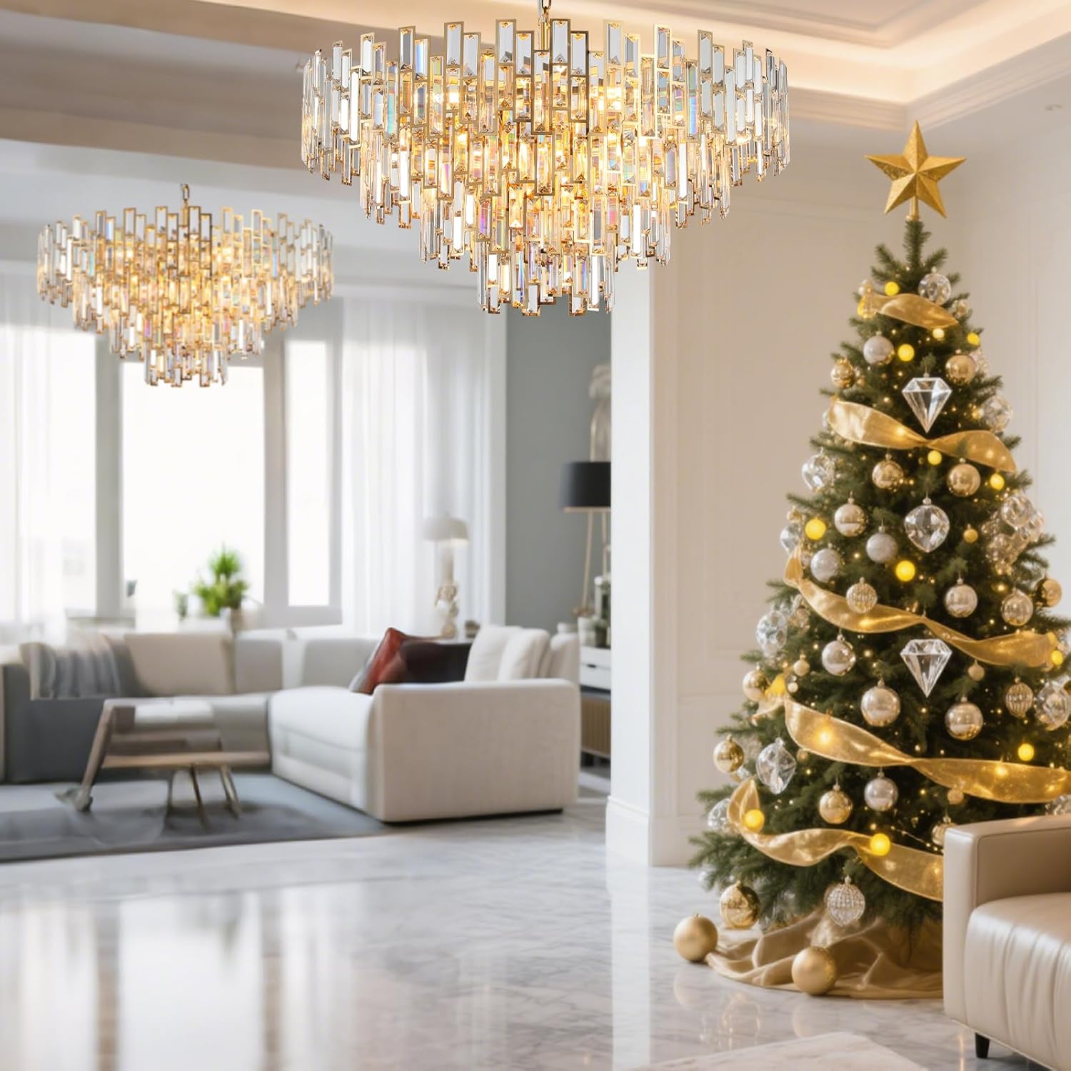 Opulent 31.5" Gold Crystal Chandelier: 4-Tier Modern Round K9 Pendant Light