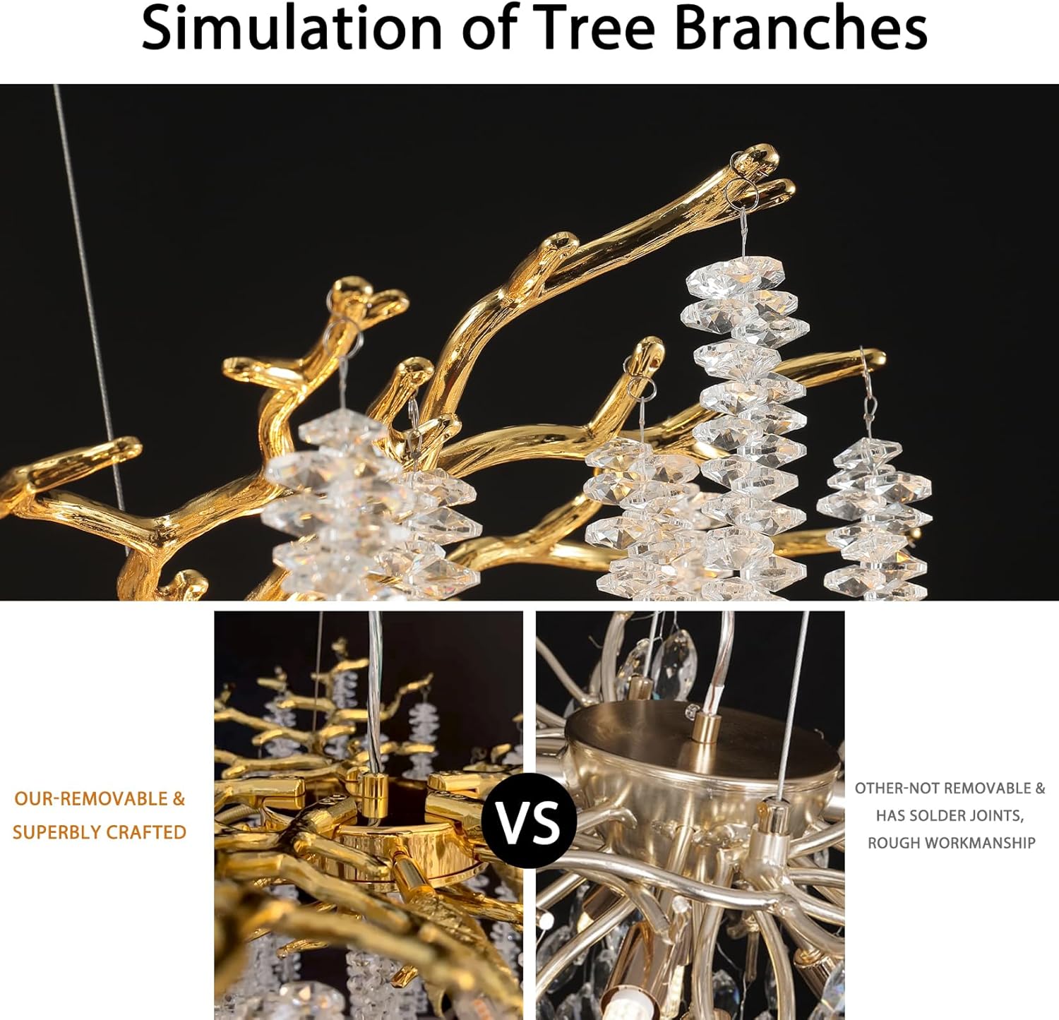 YUYI Modern Crystal Chandelier: 47.2" Gold Tree Branch Pendant Light Fixture