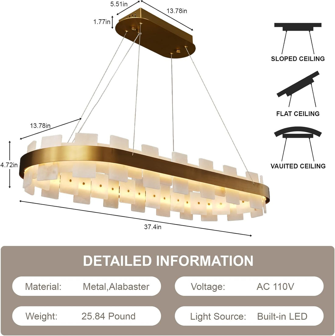 Luxury Adjustable Rectangle Alabaster Chandelier 37.4" Modern Ceiling Light