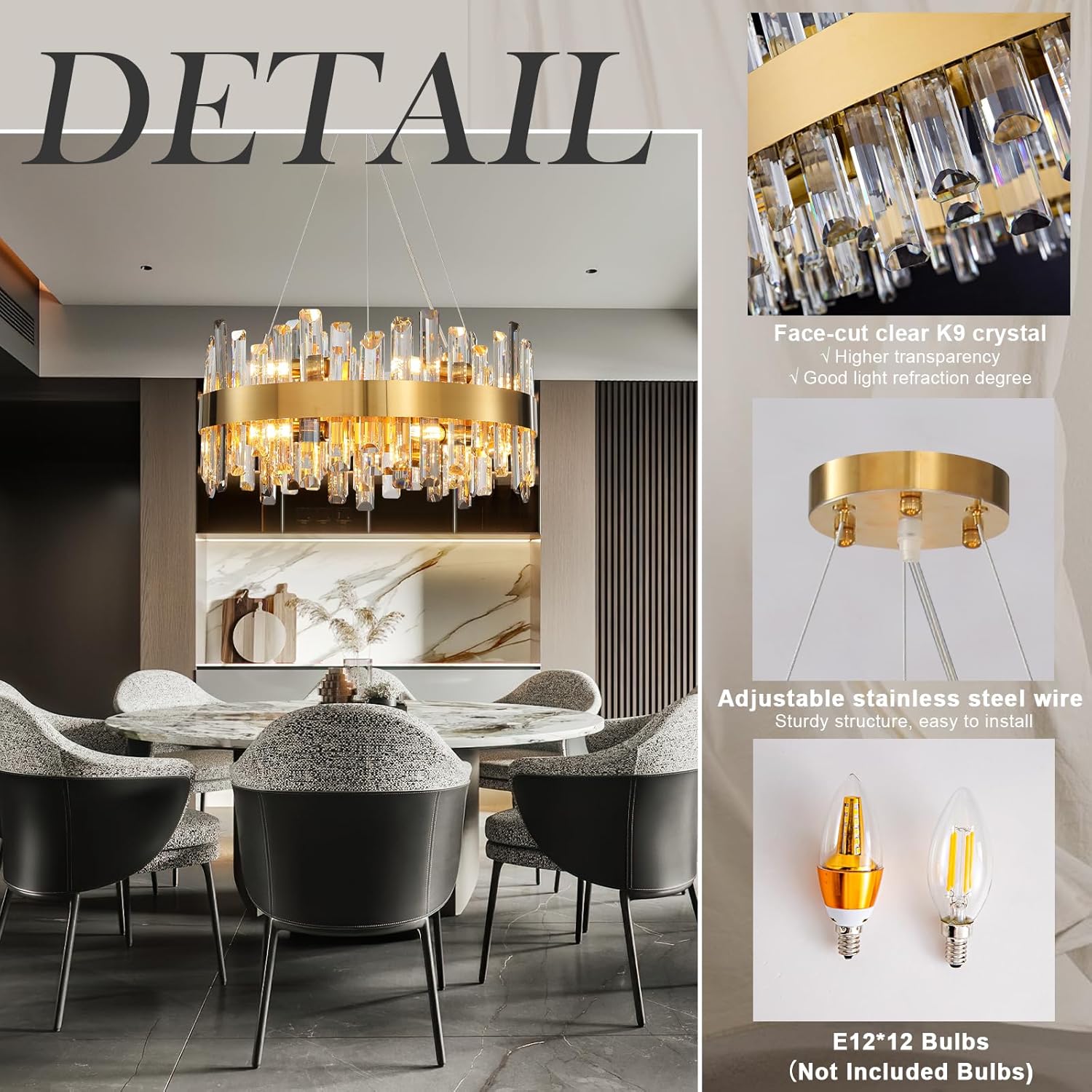 Luxury Gold 12-Light Round K9 Crystal Chandelier for Living Spaces