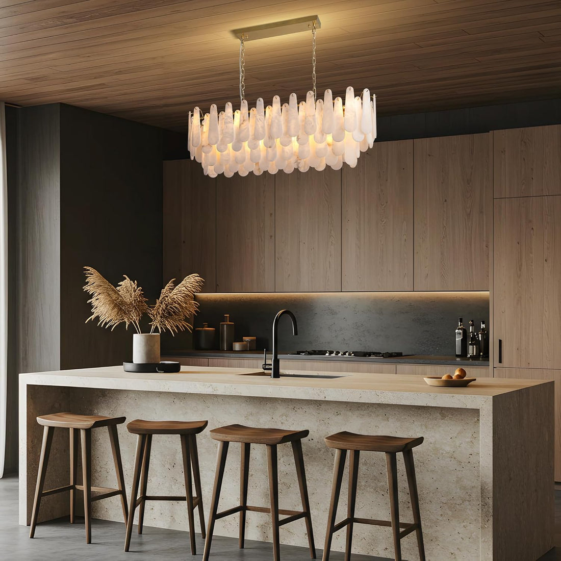 Luxury Modern Alabaster Brass Rectangle Chandelier with Adjustable Height