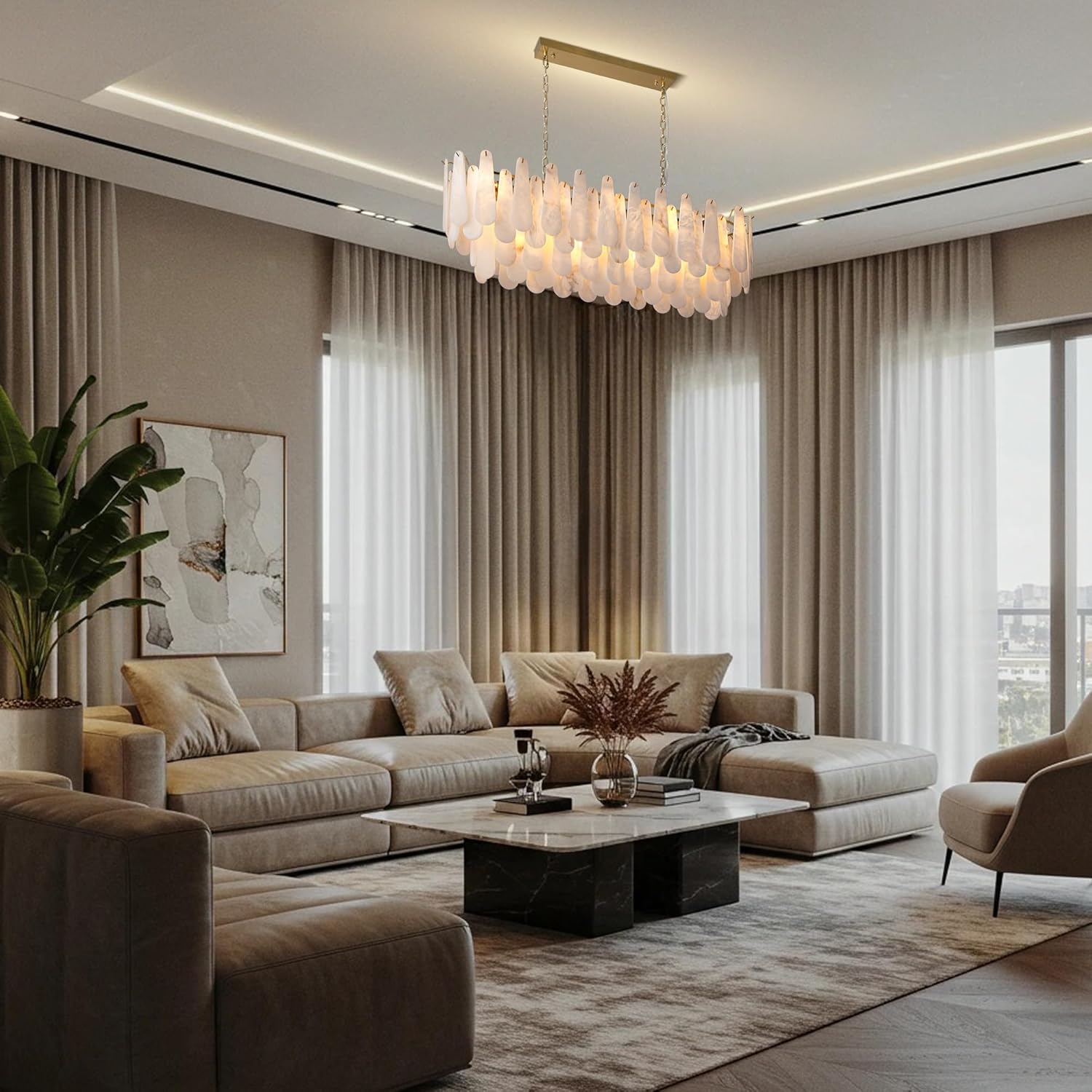 Luxury Modern Alabaster Brass Rectangle Chandelier with Adjustable Height