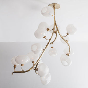 Modern Chandelier with Irregular Glass Lampshades and Brass Branches