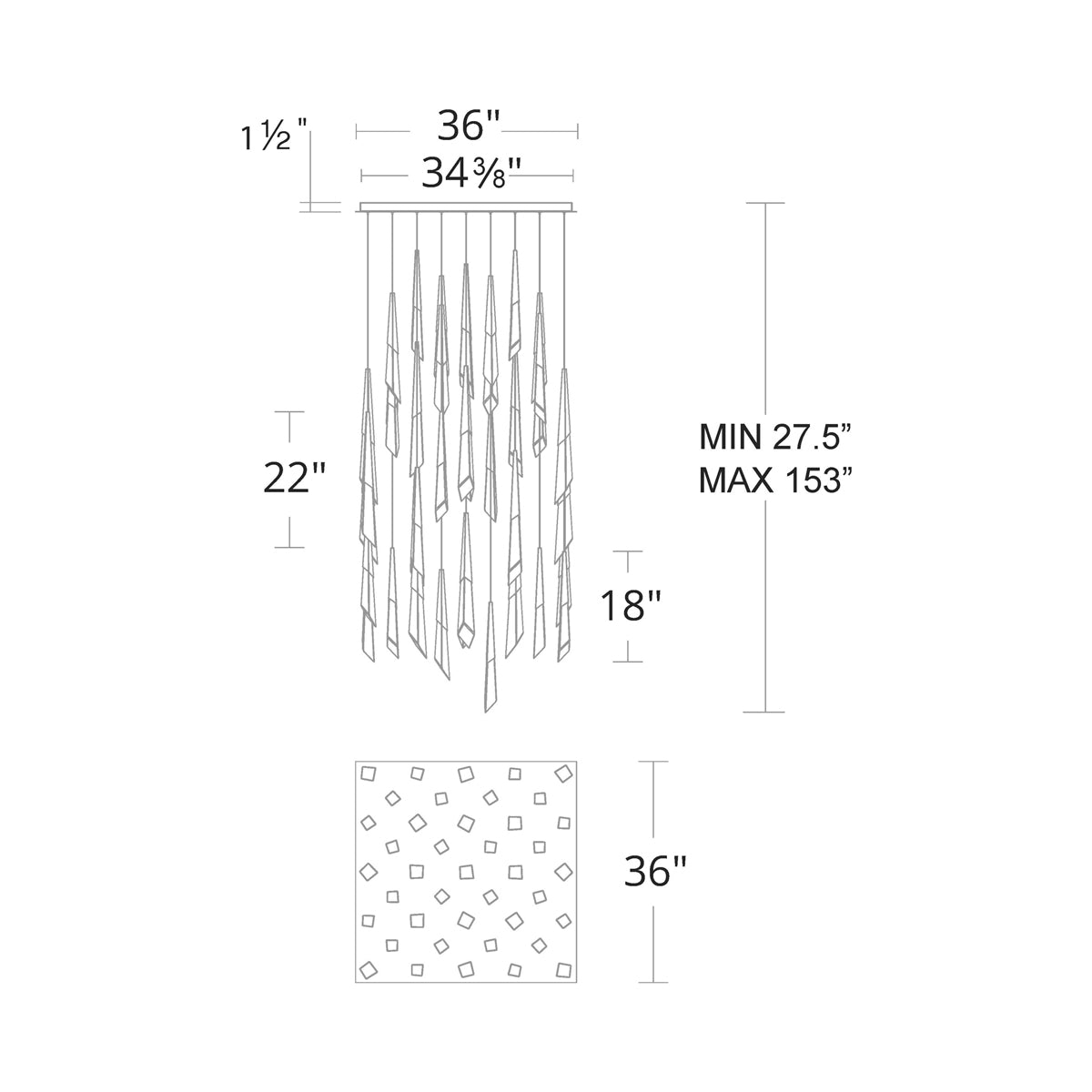 Solitude Square LED Multi Pendant Light - line drawing.