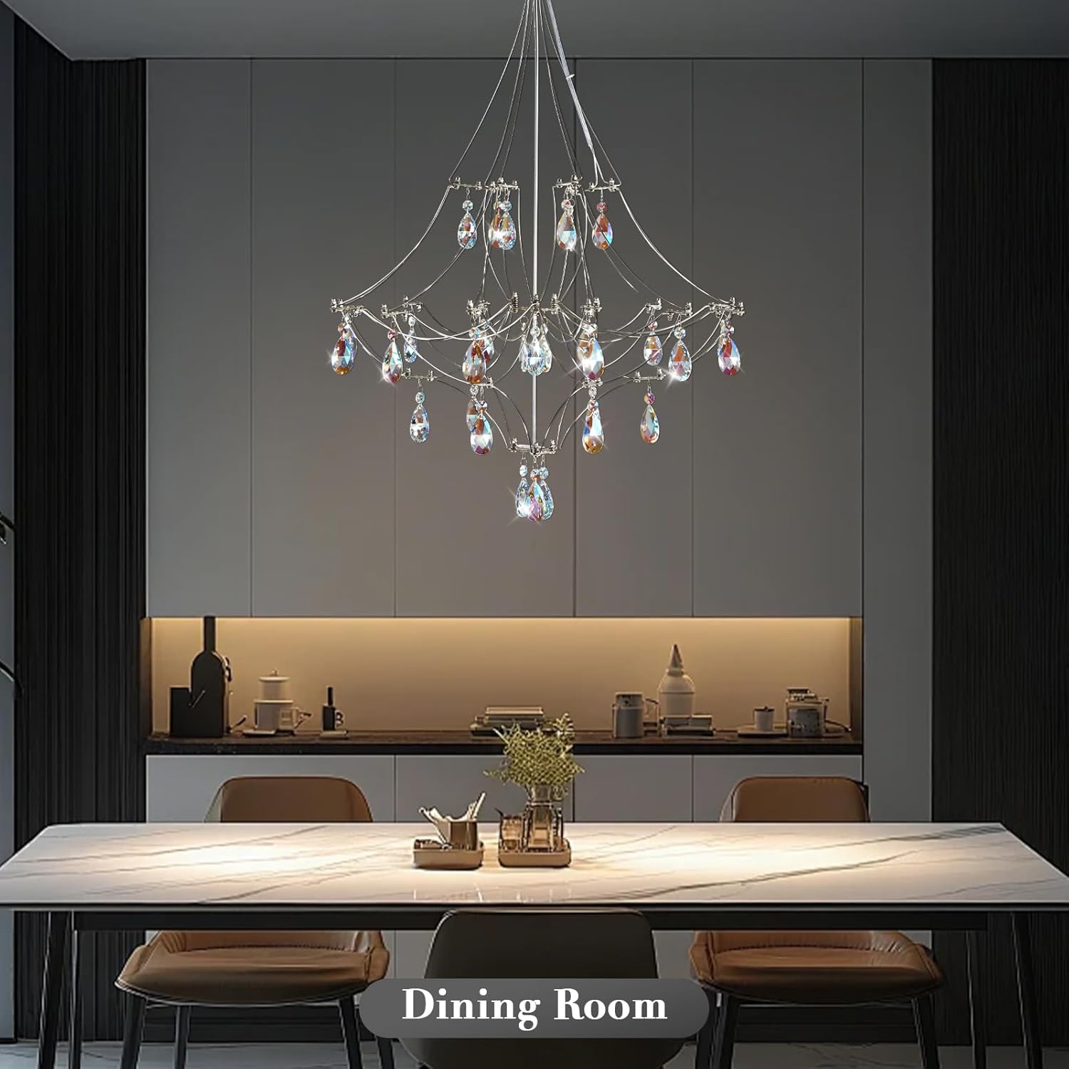 Silver Crystal Round Chandelier 23.6" Modern Luxury Raindrop Light