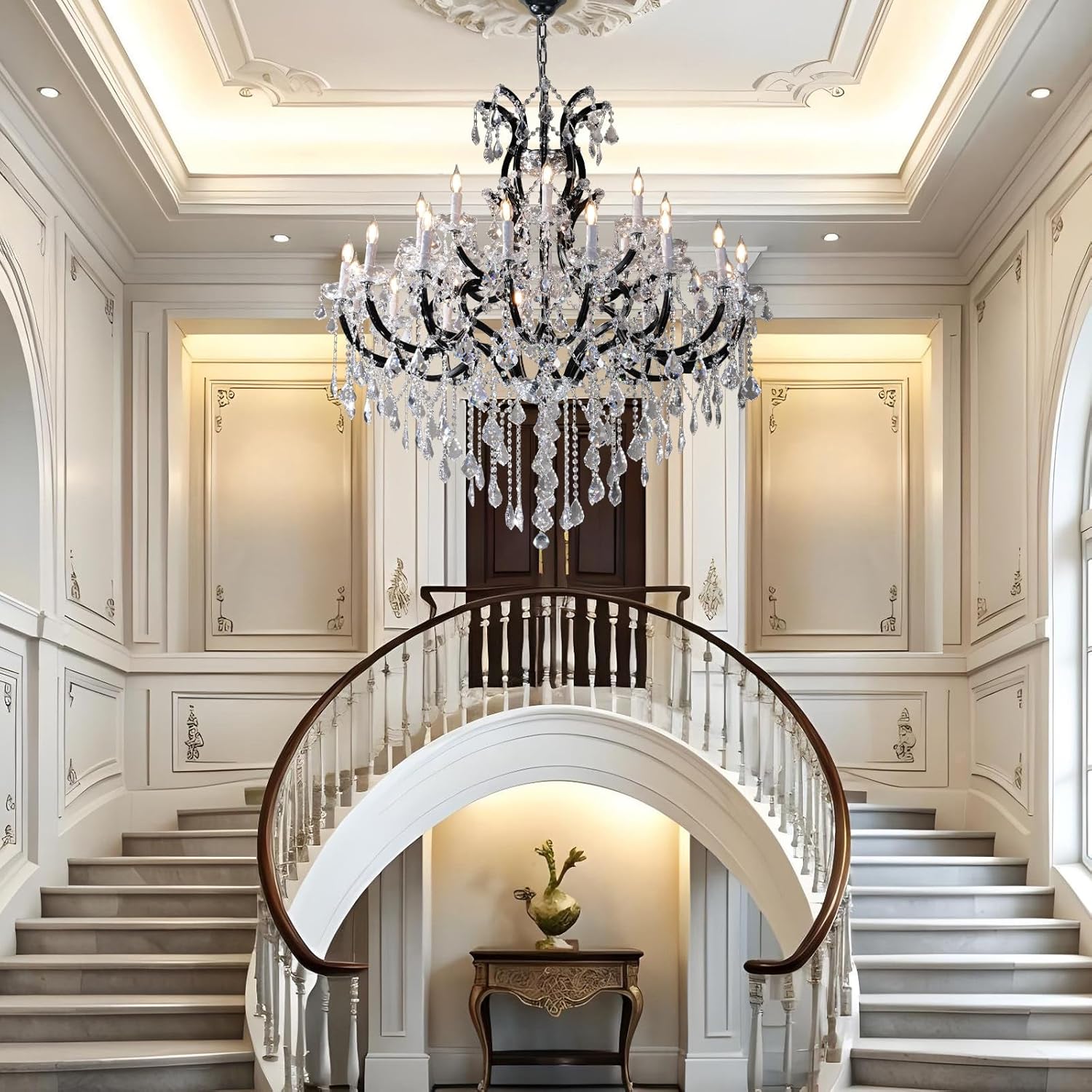 Grand Black Crystal Chandelier: 24-Light Modern Fixture for High Ceilings