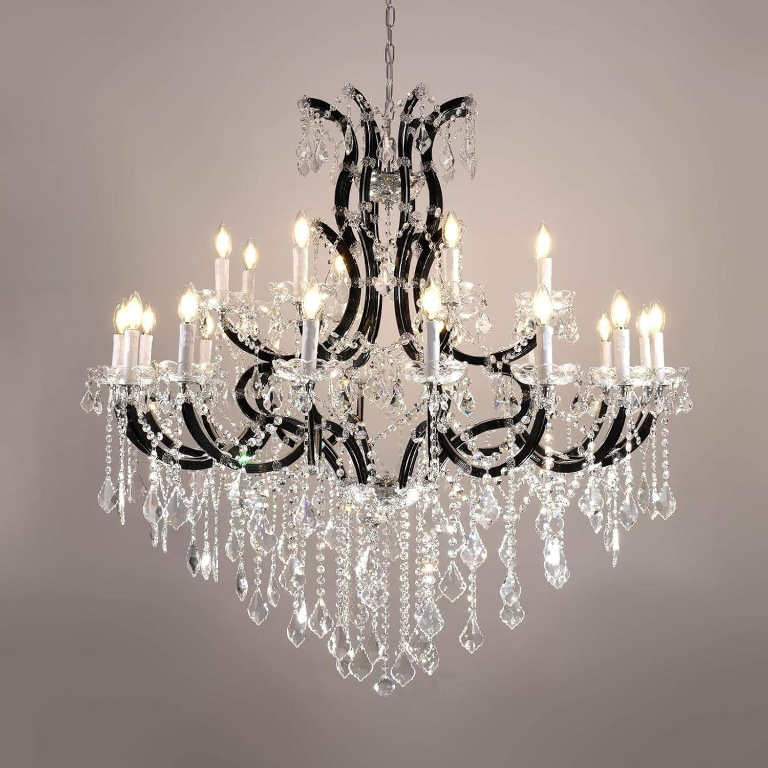 Grand Black Crystal Chandelier: 24-Light Modern Fixture for High Ceilings