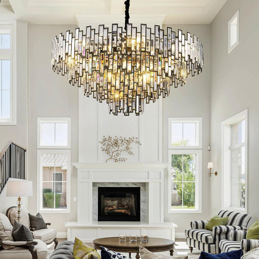 Grand Black Crystal Chandelier: 5-Tier Modern Round K9 Pendant Light for High Ceilings