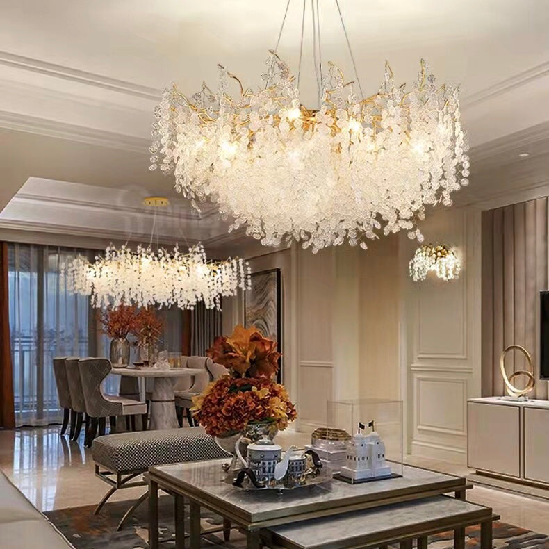 Luxury Branches Crystal Frosted Glass Chandelier Set for Living and Dining Room