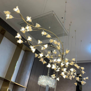 Modern Brass Branch Ceramics Flower Chandelier for Stylish Living Room Hotel and Restaurant