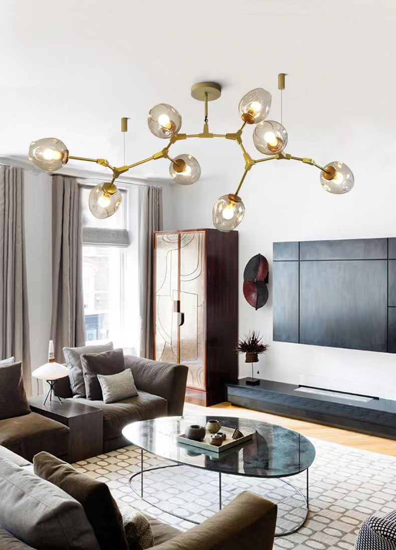 Gaia 5 - Light Sputnik Modern Linear Chandelier,chandelier,chandeliers,glass,metal,iron,cup,branch,fashion,trendy,multi-head,pendant,extra large,oversize,large,huge,big,long table,big table,kitchen island,kitchen bar,dining table,dining bar