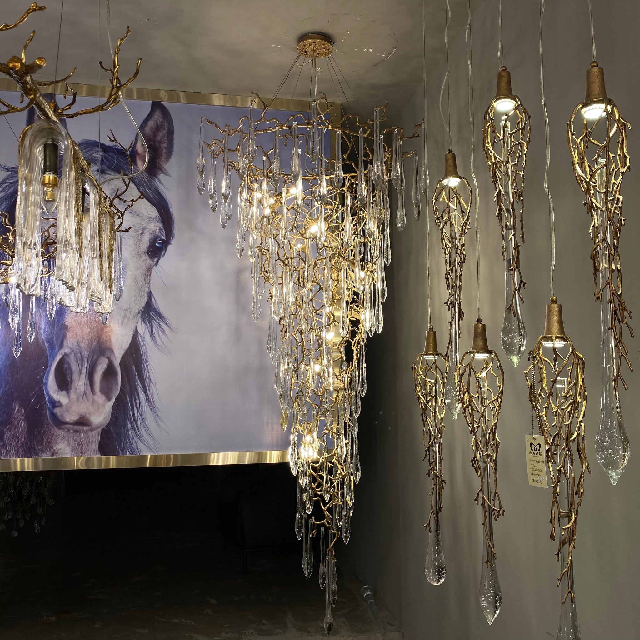 Modern Oversized Luxury Copper Crystal Long Crystal Branch Air Bubble Drop Staircase Light fixture