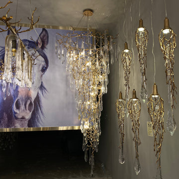 Modern Oversized Luxury Copper Crystal Long Crystal Branch Air Bubble Drop Staircase Light fixture