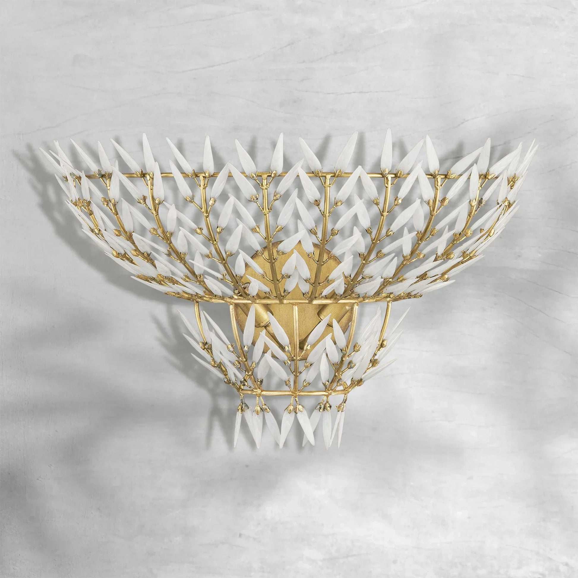 Morrigan Brass Arc Wall Sconce with White Glass Leaves