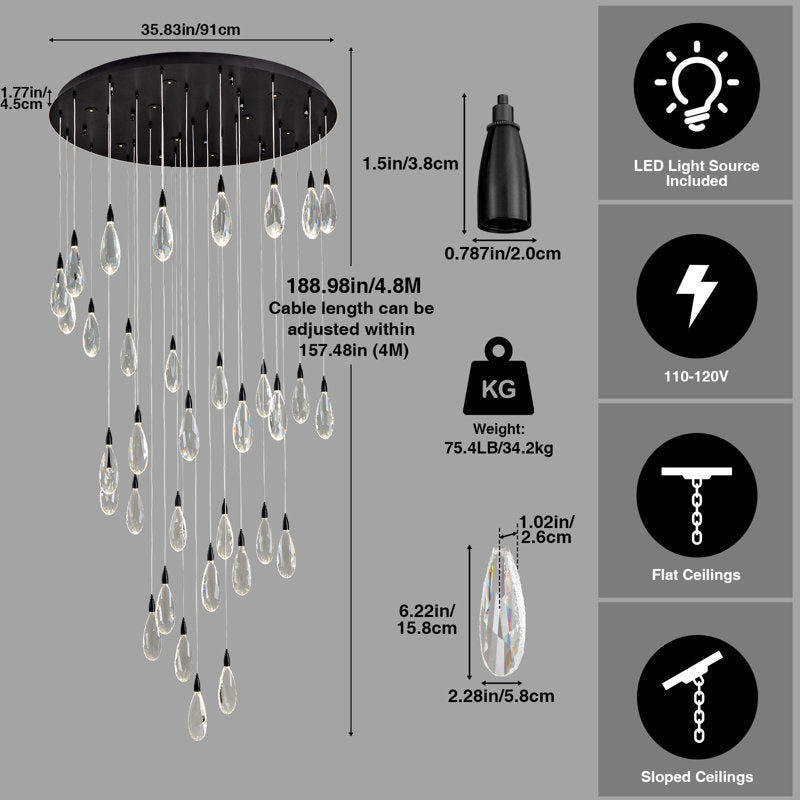 Naleya 43-Light Round Raindrop LED Crystal Chandelier for High Ceilings