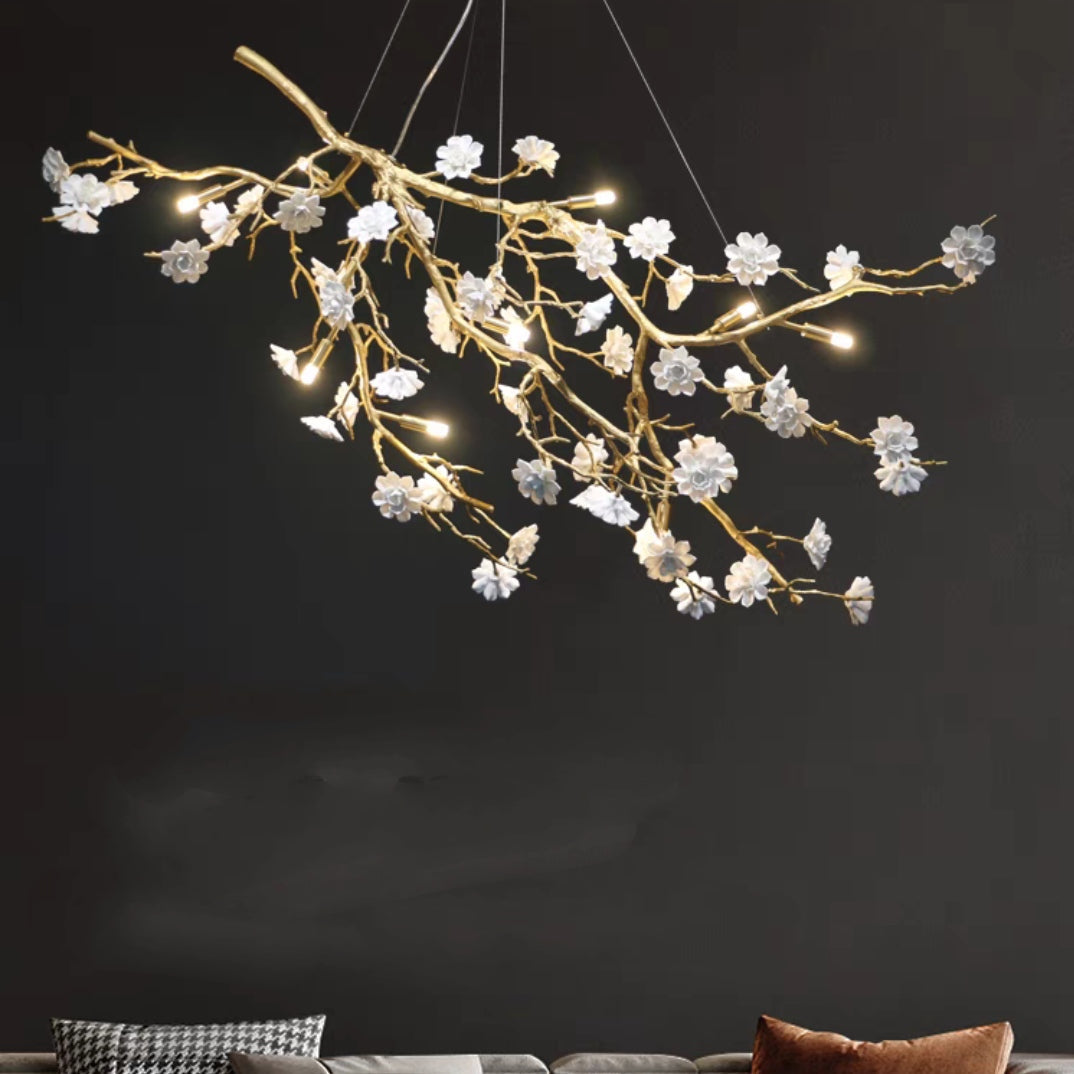 chandelier,chandeliers,branch,flower,white,oversize,large,big,huge,extra large,long table,big table,kitchen island,dining table,brass,ceramics