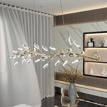 Sleek Modern Branch Crystal Leaves Linear Chandelier for Kitchen Island and Dining Room