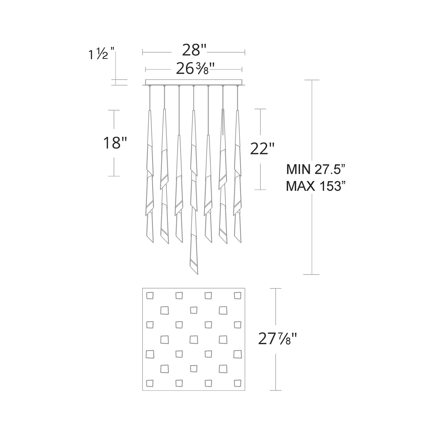 Solitude Square LED Multi Pendant Light - line drawing.