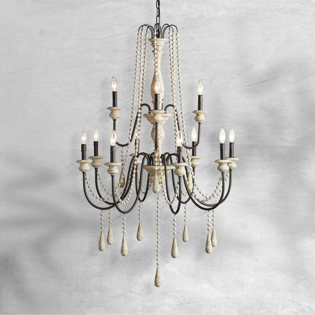 Vivienne Rustic Iron Hand-Painted Wood Bead Chandelier Elegant Lighting