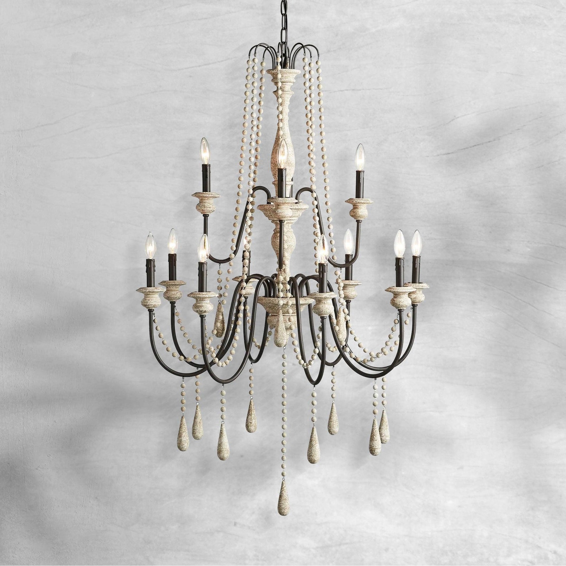 Vivienne Rustic Iron Hand-Painted Wood Bead Chandelier Elegant Lighting